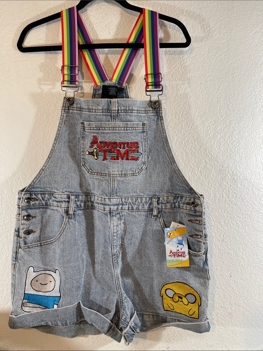 Adventure Time Rainbow Straps Denim Shortalls With Pockets Size XL NEW - Picture 2 of 14